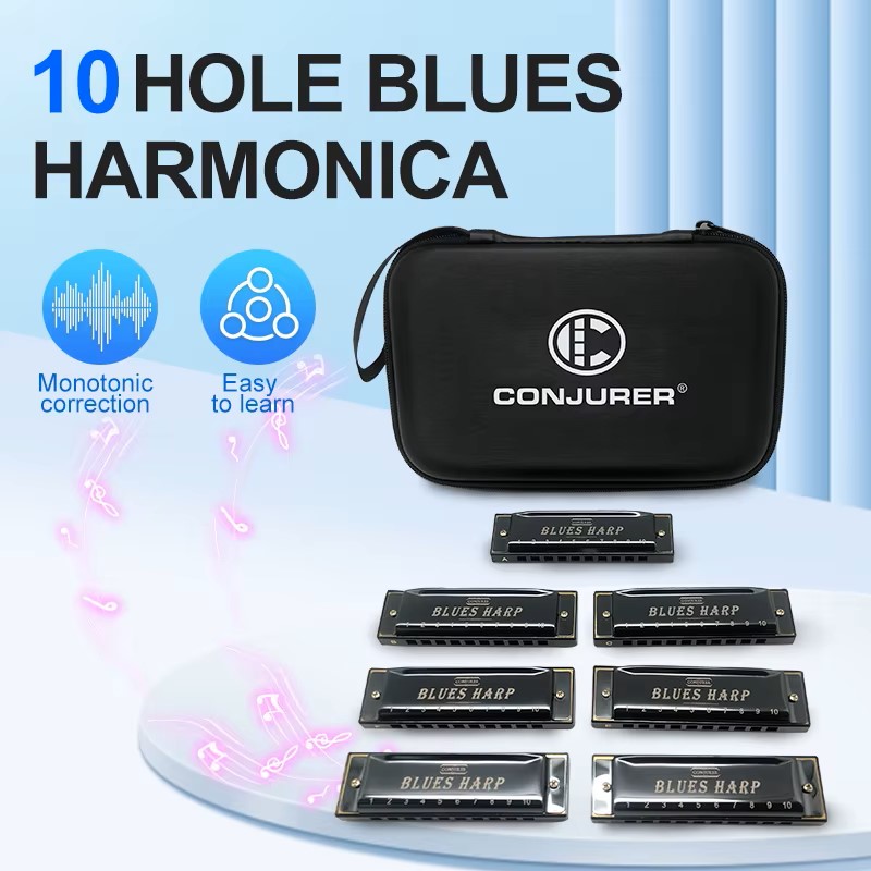 Conjurer 10 Hole Blues Harmonica Set of 7 Keys with case